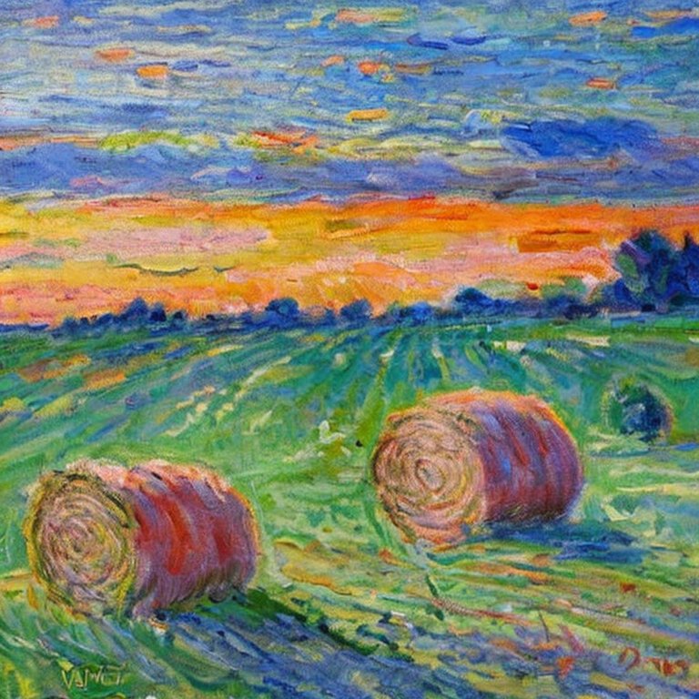 Stable Diffusion. Prompt: 'Landscape of the French countryside with hay and a setting sun in the style of Monet'